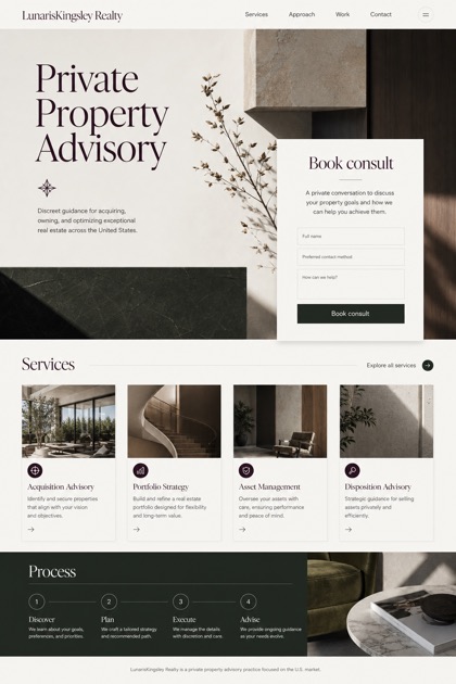 Property website design for United States, showing a clear opening, service information, supporting content, and a focused inquiry action.