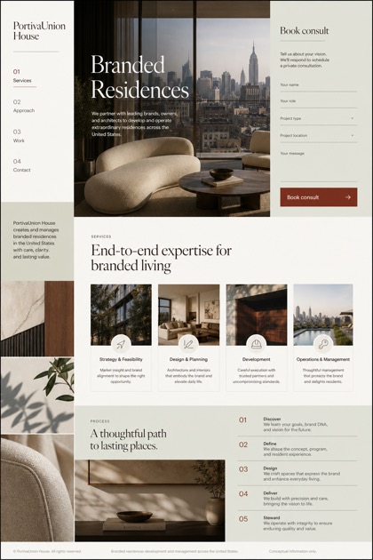 Property website design for United States, showing a clear opening, service information, supporting content, and a focused inquiry action.