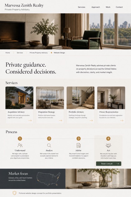 Property website design for United States, showing a clear opening, service information, supporting content, and a focused inquiry action.