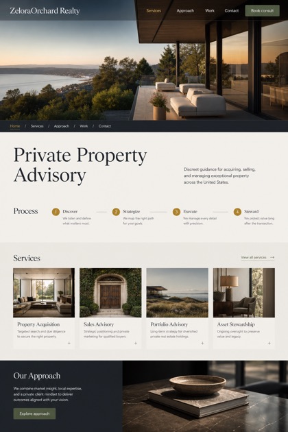 Property website design for United States, showing a clear opening, service information, supporting content, and a focused inquiry action.