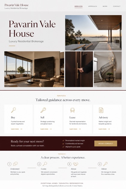 Property website design for United States, showing a clear opening, service information, supporting content, and a focused inquiry action.