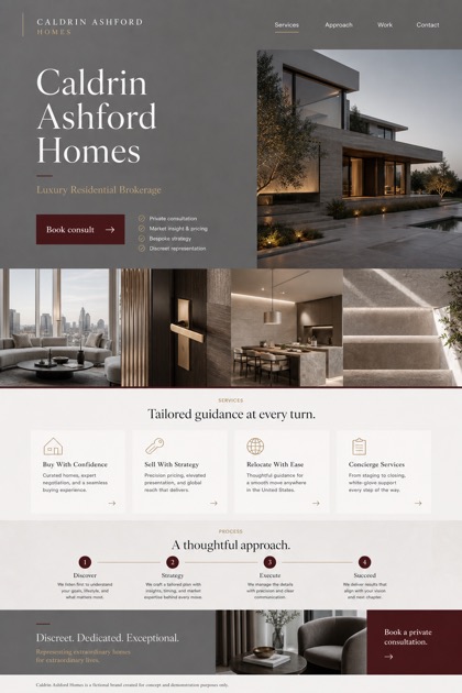 Property website design for United States, showing a clear opening, service information, supporting content, and a focused inquiry action.