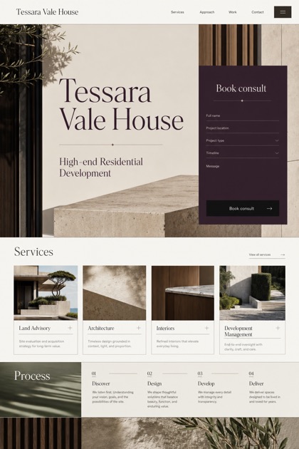 Property website design for United States, showing a clear opening, service information, supporting content, and a focused inquiry action.
