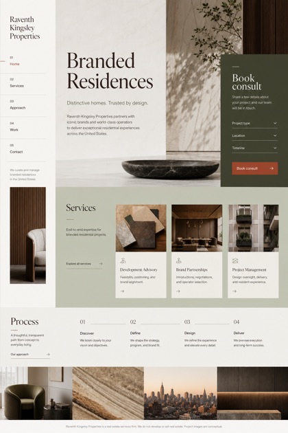 Property website design for United States, showing a clear opening, service information, supporting content, and a focused inquiry action.