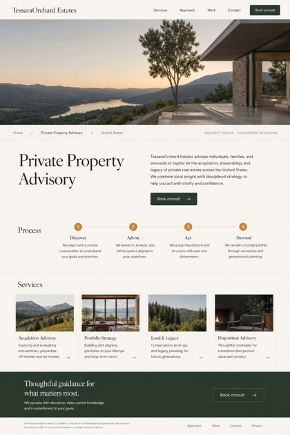 Property website design for United States, showing a clear opening, service information, supporting content, and a focused inquiry action.
