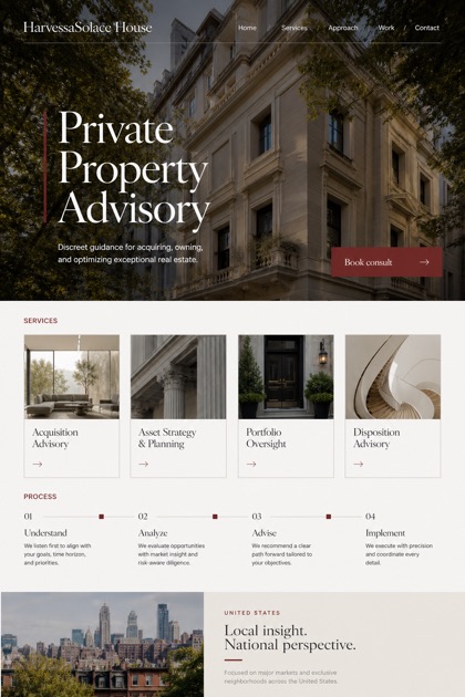 Property website design for United States, showing a clear opening, service information, supporting content, and a focused inquiry action.