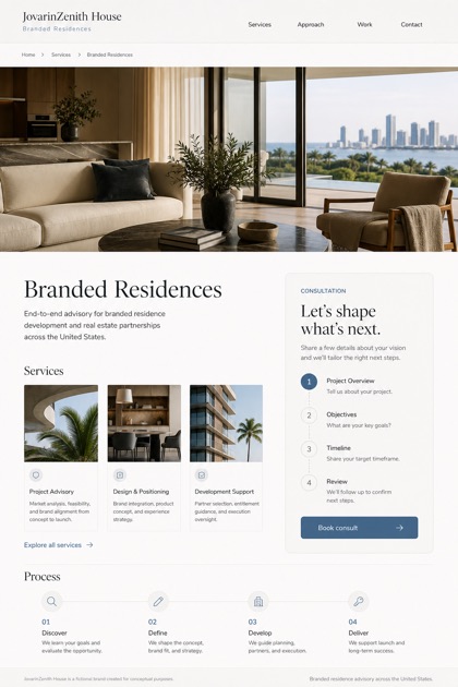 Property website design for United States, showing a clear opening, service information, supporting content, and a focused inquiry action.