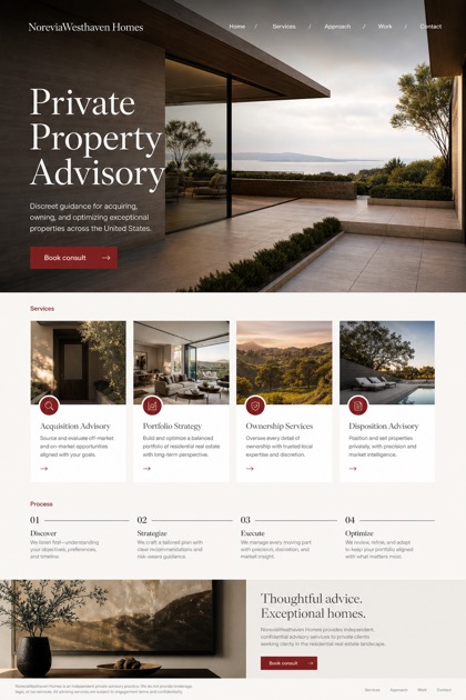 Property website design for United States, showing a clear opening, service information, supporting content, and a focused inquiry action.