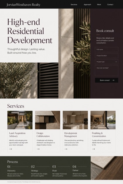 Property website design for United States, showing a clear opening, service information, supporting content, and a focused inquiry action.