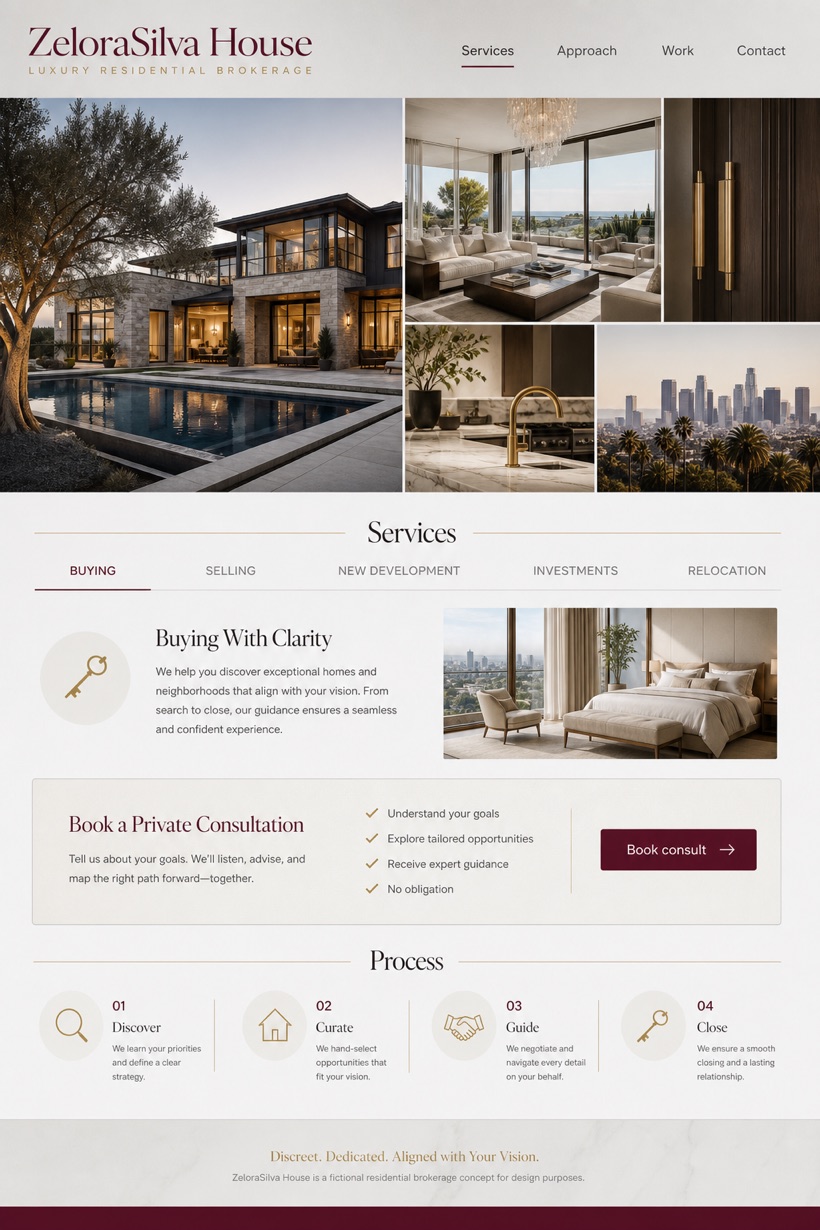 Property website design for United States, showing a clear opening, service information, supporting content, and a focused inquiry action.