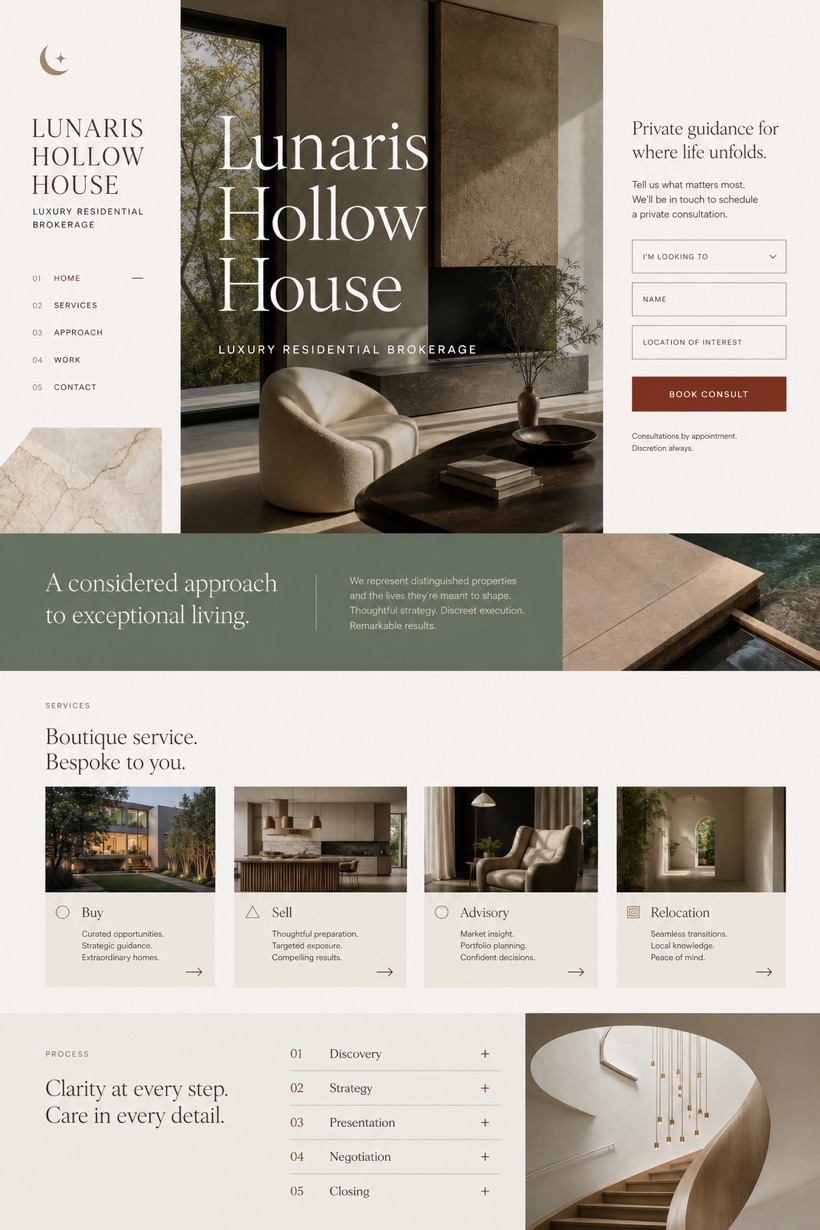 Property website design for United States, showing a clear opening, service information, supporting content, and a focused inquiry action.