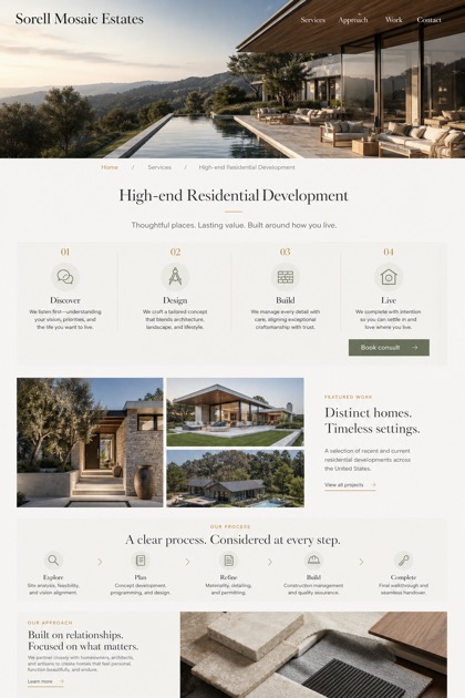 Property website design for United States, showing a clear opening, service information, supporting content, and a focused inquiry action.