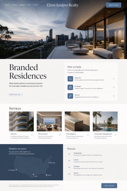 Property website design for United States, showing a clear opening, service information, supporting content, and a focused inquiry action.