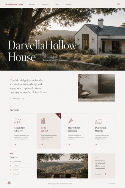 Property website design for United States, showing a clear opening, service information, supporting content, and a focused inquiry action.