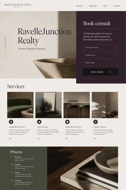 Property website design for United States, showing a clear opening, service information, supporting content, and a focused inquiry action.