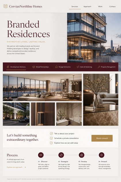 Property website design for United States, showing a clear opening, service information, supporting content, and a focused inquiry action.