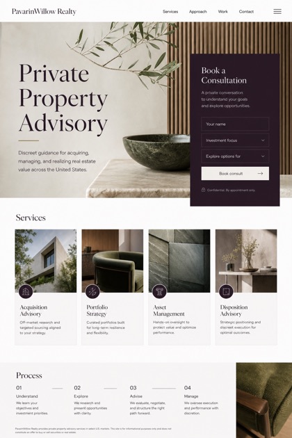 Property website design for United States, showing a clear opening, service information, supporting content, and a focused inquiry action.
