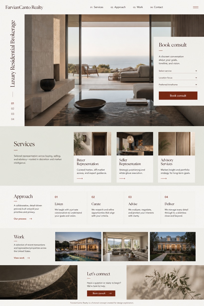 Property website design for United States, showing a clear opening, service information, supporting content, and a focused inquiry action.