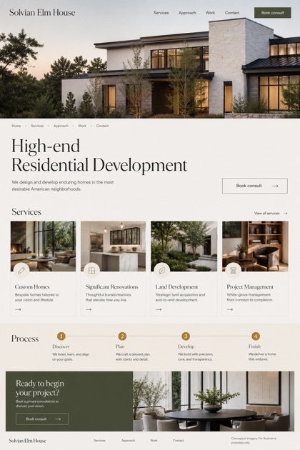 Property website design for United States, showing a clear opening, service information, supporting content, and a focused inquiry action.