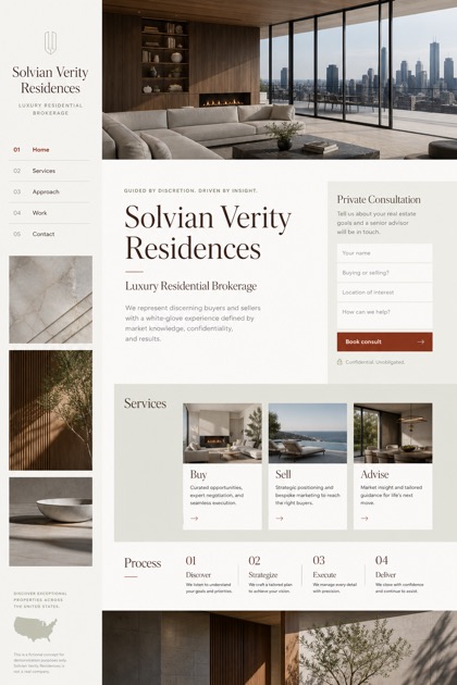 Property website design for United States, showing a clear opening, service information, supporting content, and a focused inquiry action.