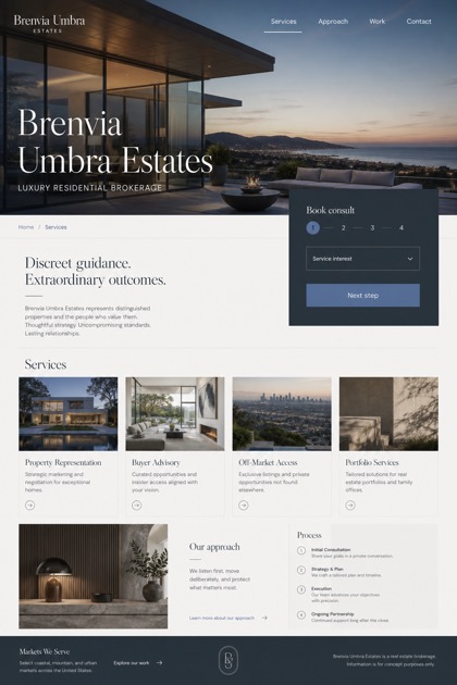 Property website design for United States, showing a clear opening, service information, supporting content, and a focused inquiry action.