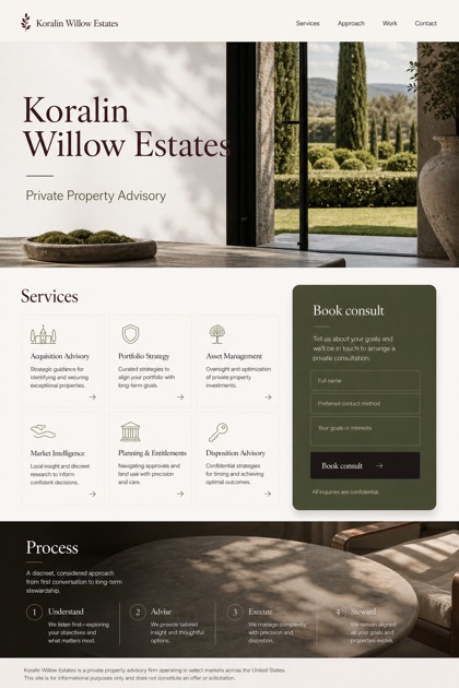 Property website design for United States, showing a clear opening, service information, supporting content, and a focused inquiry action.