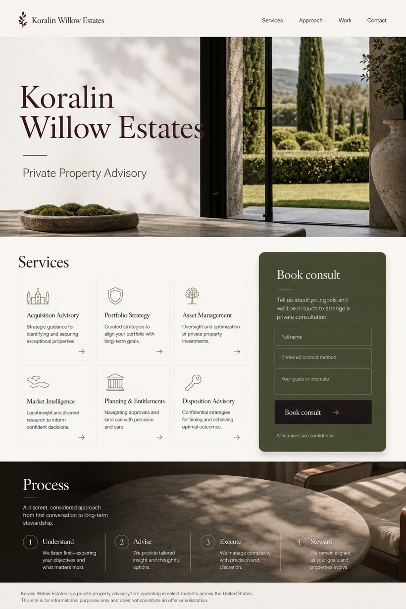 Property website design for United States, showing a clear opening, service information, supporting content, and a focused inquiry action.