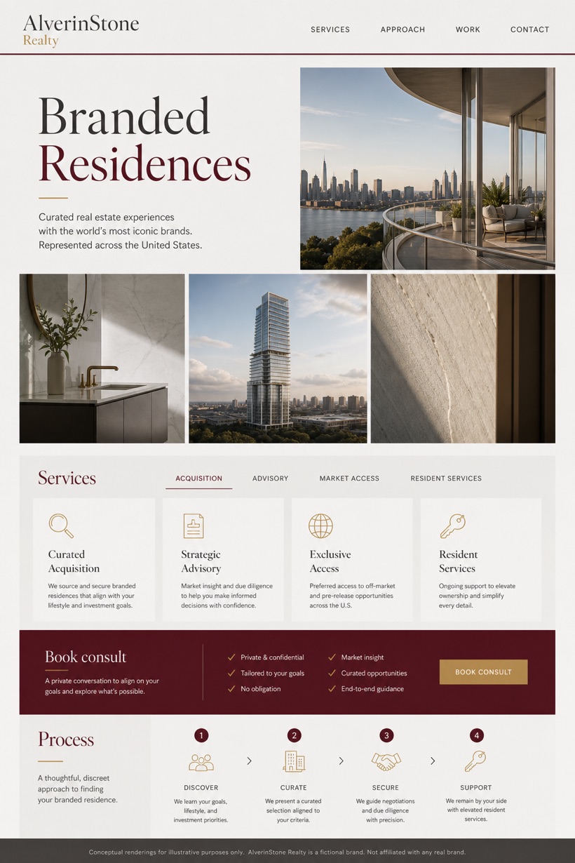 Property website design for United States, showing a clear opening, service information, supporting content, and a focused inquiry action.