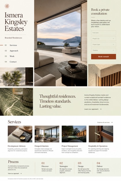 Property website design for United States, showing a clear opening, service information, supporting content, and a focused inquiry action.