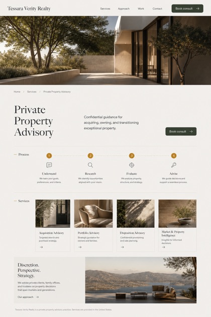 Property website design for United States, showing a clear opening, service information, supporting content, and a focused inquiry action.