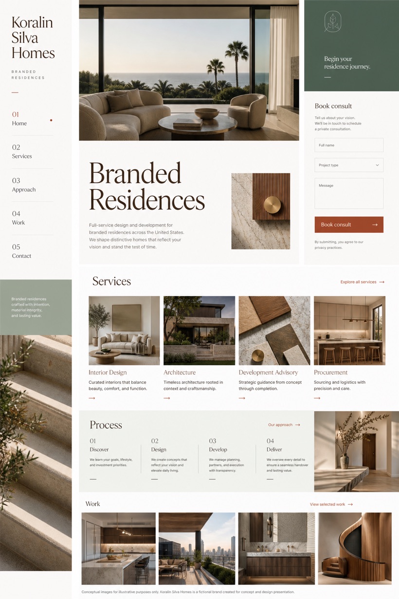 Property website design for United States, showing a clear opening, service information, supporting content, and a focused inquiry action.