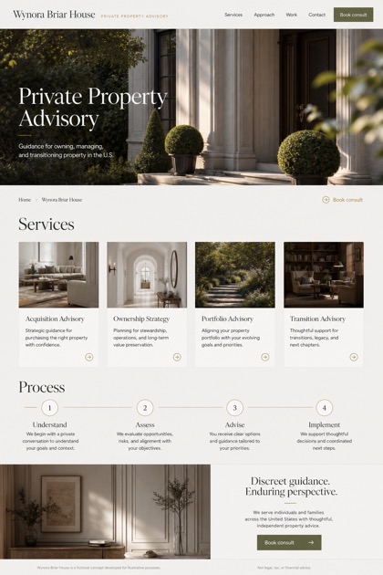 Property website design for United States, showing a clear opening, service information, supporting content, and a focused inquiry action.