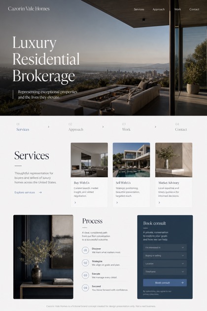Property website design for United States, showing a clear opening, service information, supporting content, and a focused inquiry action.