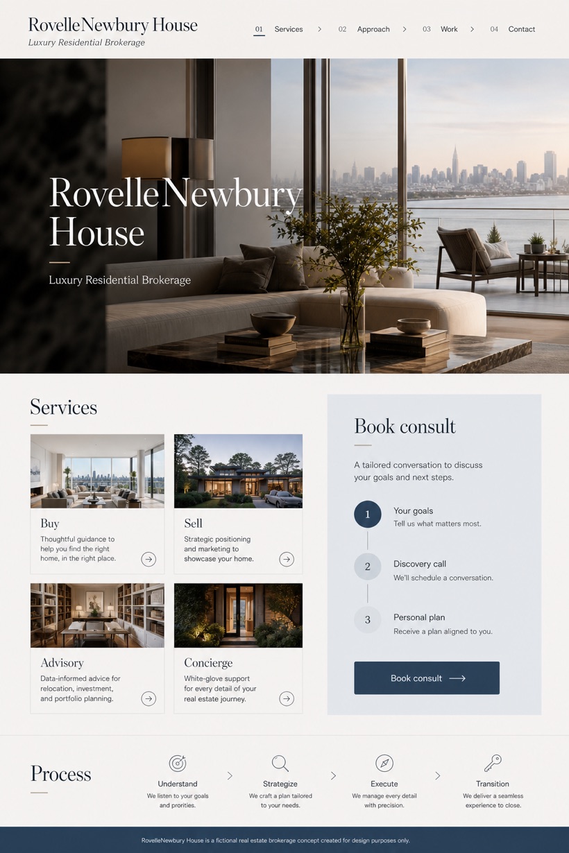 Property website design for United States, showing a clear opening, service information, supporting content, and a focused inquiry action.