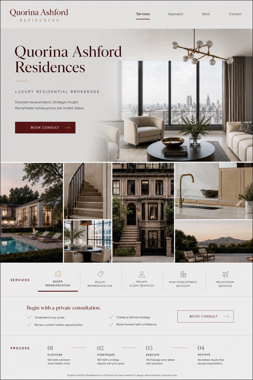 Property website design for United States, showing a clear opening, service information, supporting content, and a focused inquiry action.