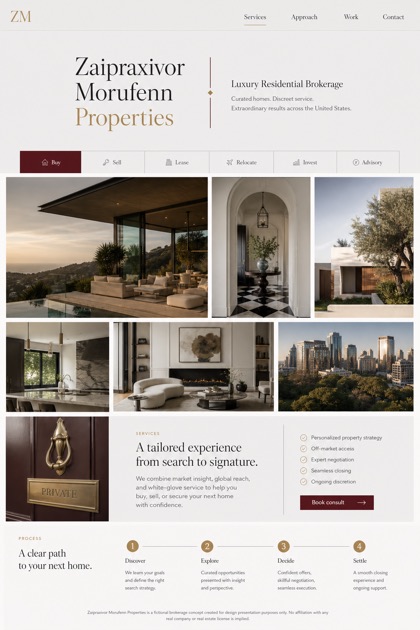 Property website design for United States, showing a clear opening, service information, supporting content, and a focused inquiry action.