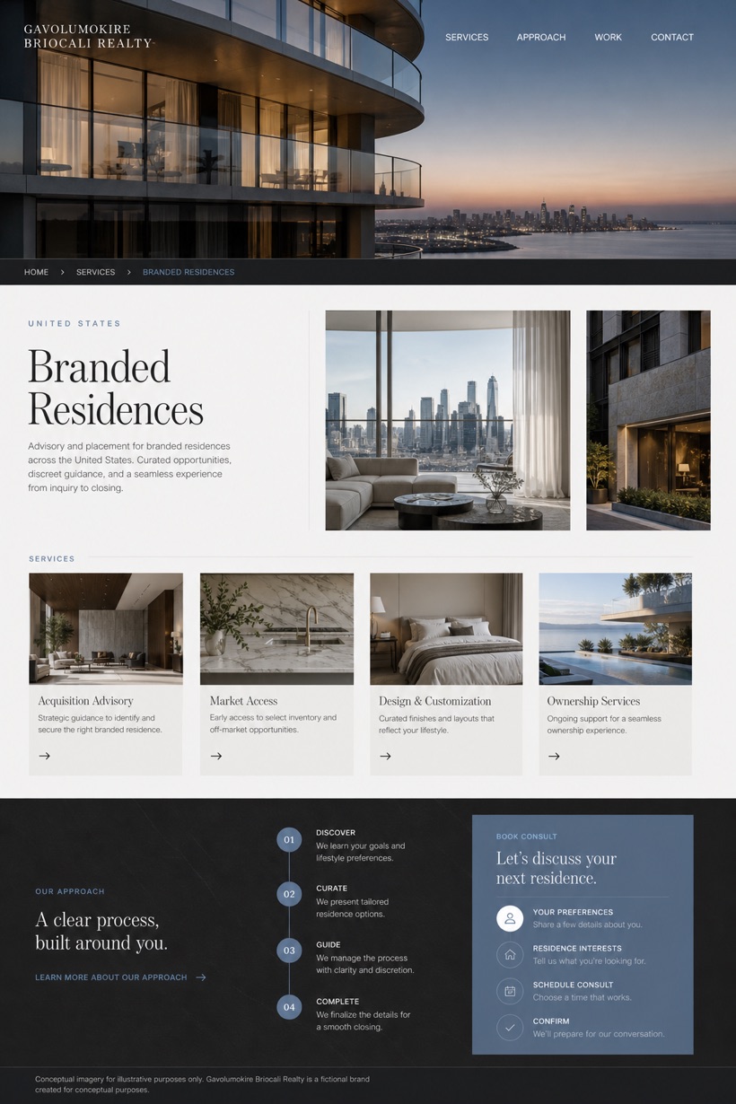 Property website design for United States, showing a clear opening, service information, supporting content, and a focused inquiry action.