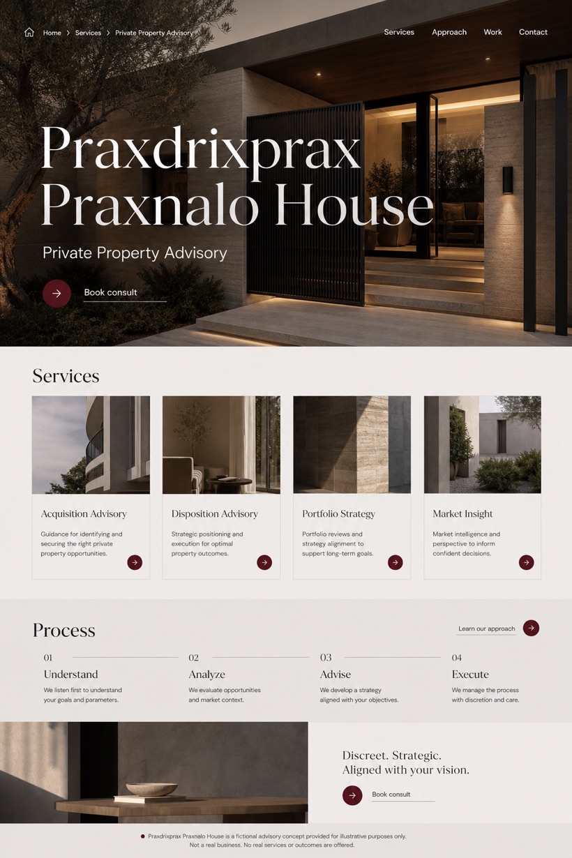 Property website design for United States, showing a clear opening, service information, supporting content, and a focused inquiry action.