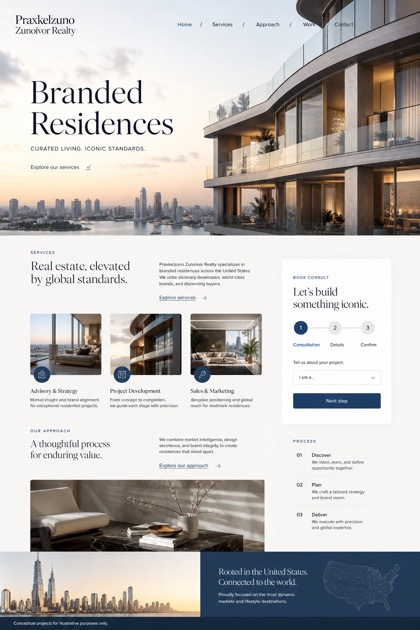 Property website design for United States, showing a clear opening, service information, supporting content, and a focused inquiry action.