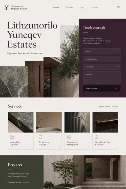 Property website design for United States, showing a clear opening, service information, supporting content, and a focused inquiry action.
