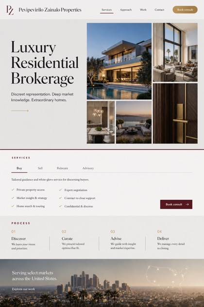 Property website design for United States, showing a clear opening, service information, supporting content, and a focused inquiry action.