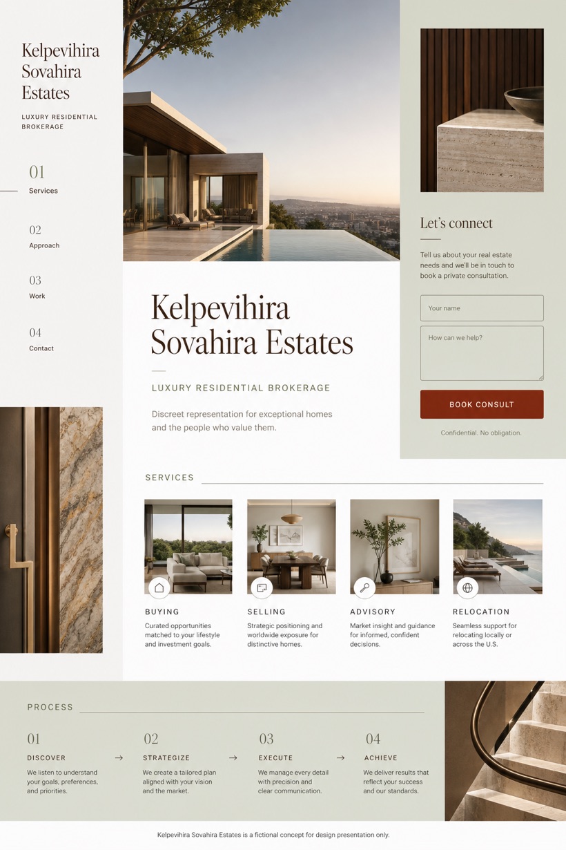 Property website design for United States, showing a clear opening, service information, supporting content, and a focused inquiry action.