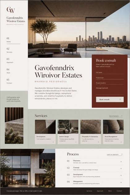 Property website design for United States, showing a clear opening, service information, supporting content, and a focused inquiry action.