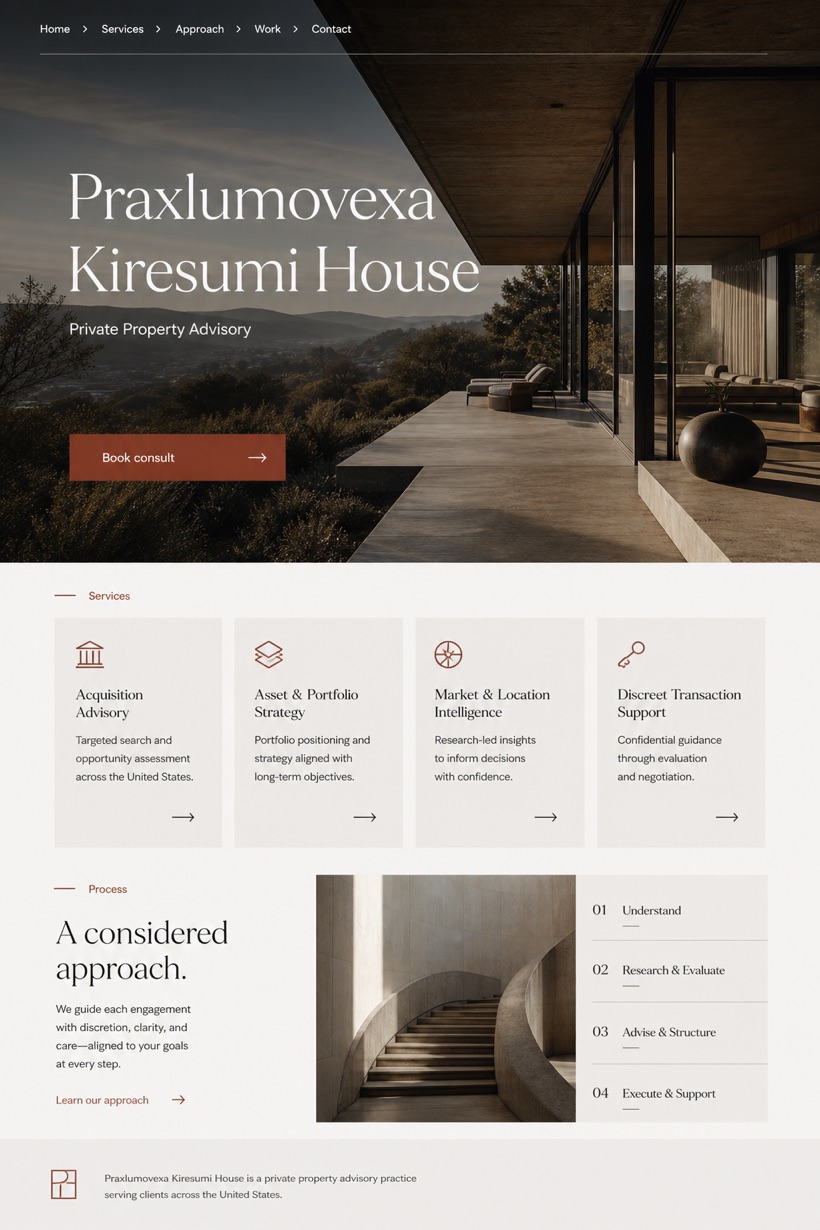 Property website design for United States, showing a clear opening, service information, supporting content, and a focused inquiry action.