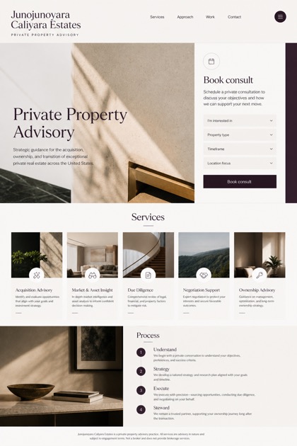 Property website design for United States, showing a clear opening, service information, supporting content, and a focused inquiry action.