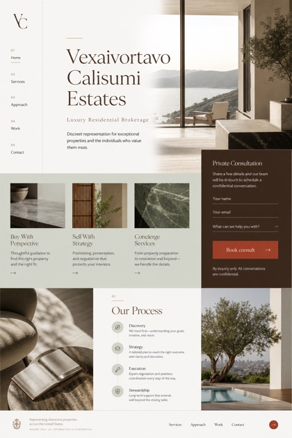 Property website design for United States, showing a clear opening, service information, supporting content, and a focused inquiry action.