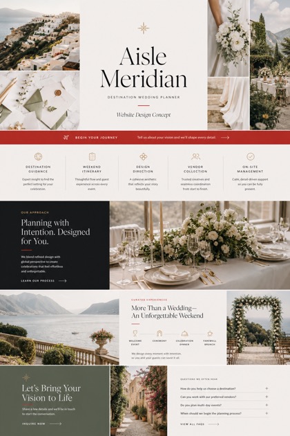Fictional Aisle Meridian destination wedding planner website concept with mosaic masthead, journey ribbon, planning service cards, itinerary section, FAQ, and inquiry CTA