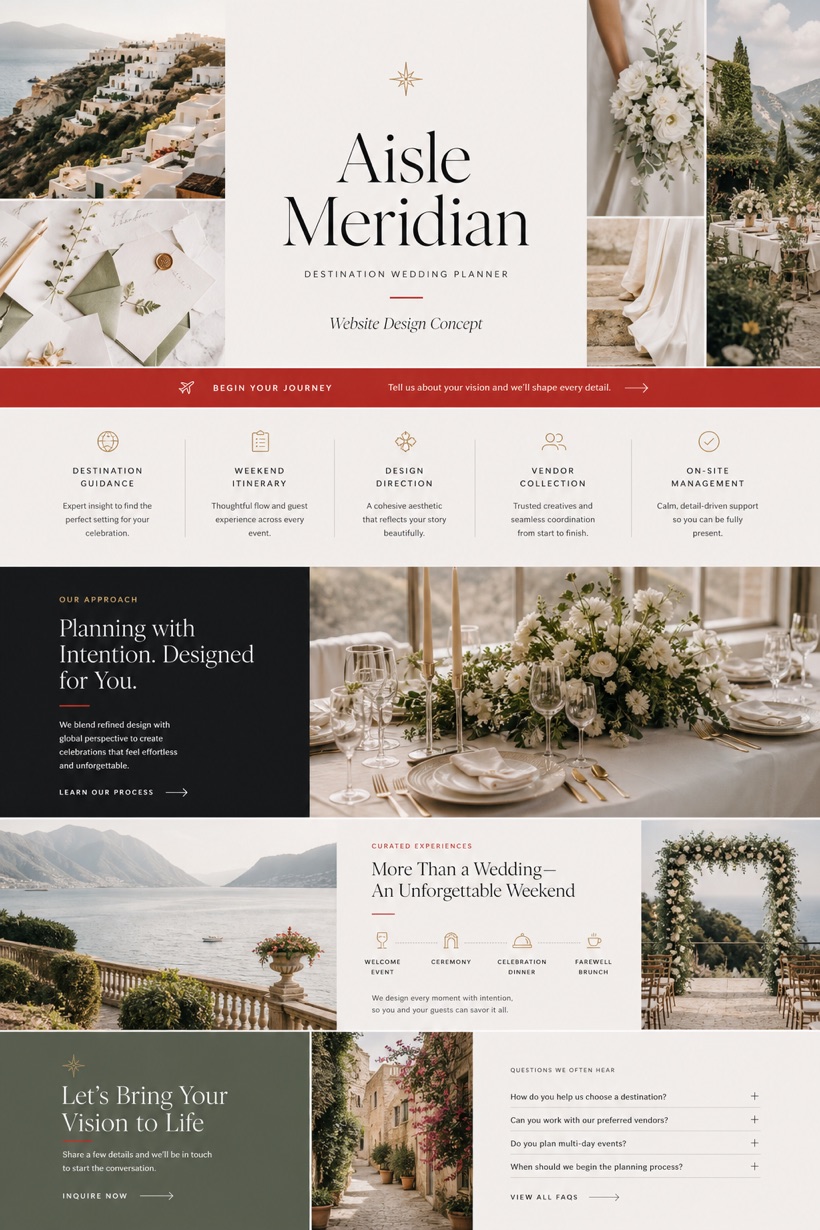 Fictional Aisle Meridian destination wedding planner website concept with mosaic masthead, journey ribbon, planning service cards, itinerary section, FAQ, and inquiry CTA