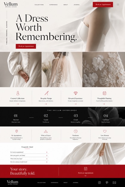 Fictional Vellum Bridal House Luxury bridal studio website design showcase with a complete 2:3 page layout, service sections, practical information, and contact action