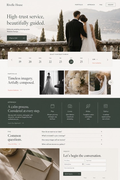Fictional Rivelle House Editorial wedding photographer website design showcase in a 2:3 layout with service sections, FAQ, and inquiry action
